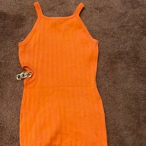 Orange Spaghetti Strap Ribbed Bodycon Dress